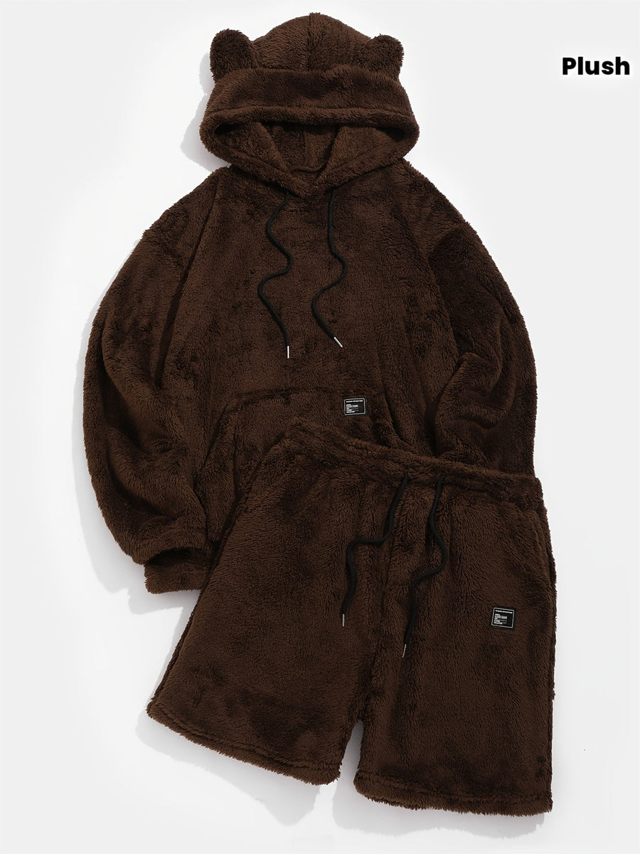 Brun plyschhoodie med öron och shorts, matchande set