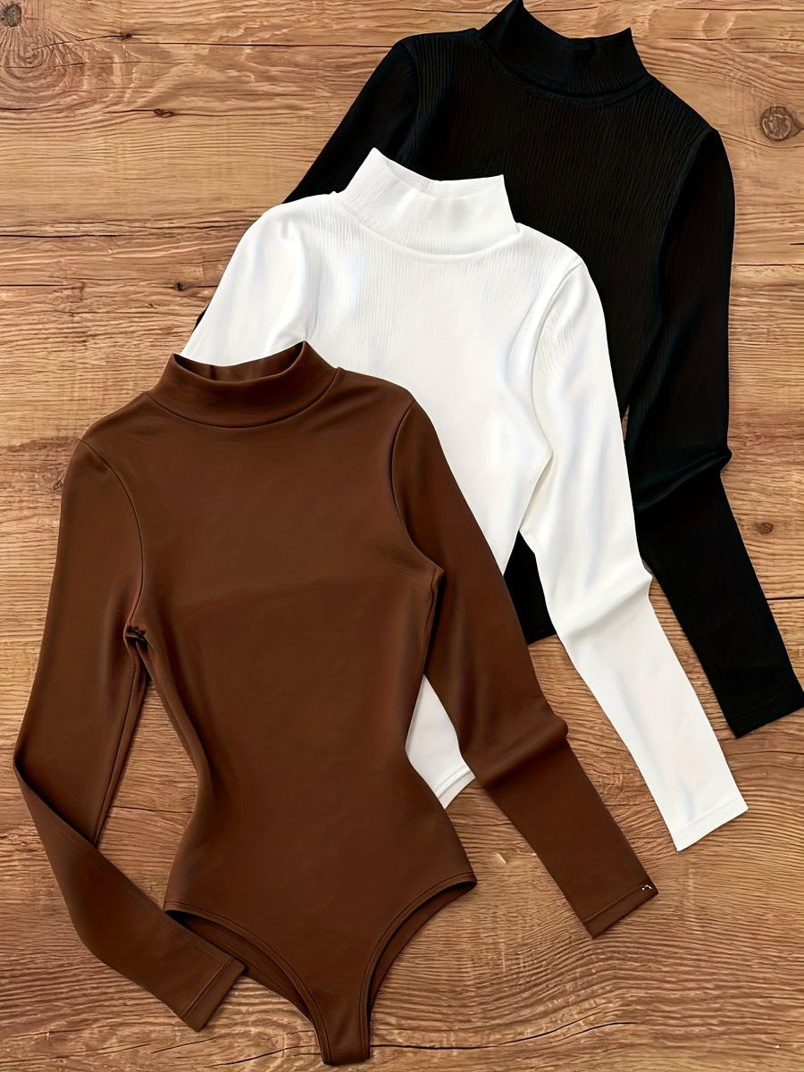Bodysuit med polokrage, lång ärm, svart, vit och brun