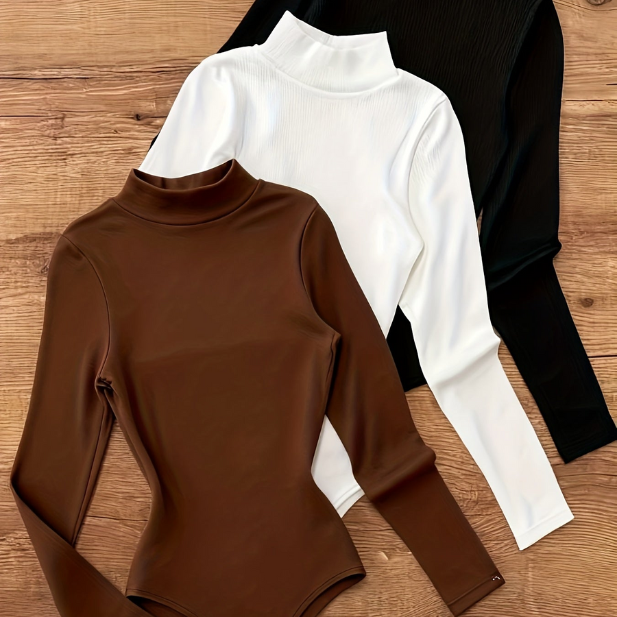 Bodysuit med polokrage, lång ärm, svart, vit och brun