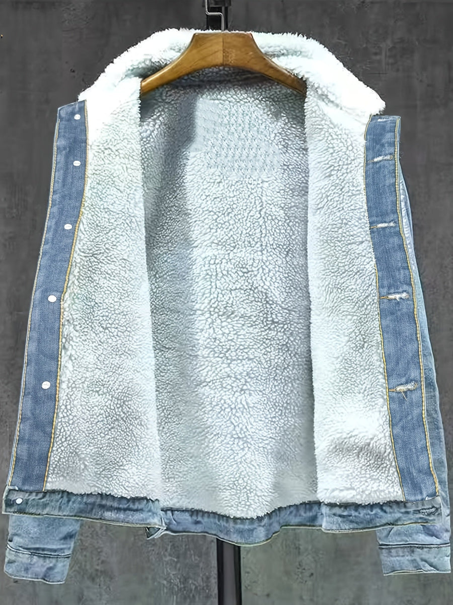 Jeansjacka med foder i teddytyg, ljusblå denim vinterjacka för män