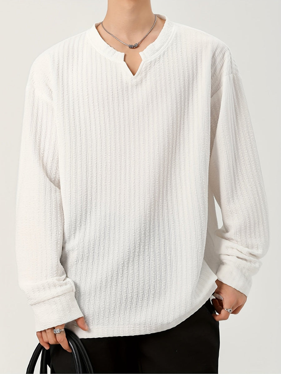 Herr långärmad tröja med strukturmönster och V-ringning