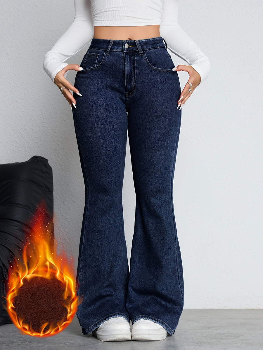 Mörkblå utsvängda damjeans med hög midja
