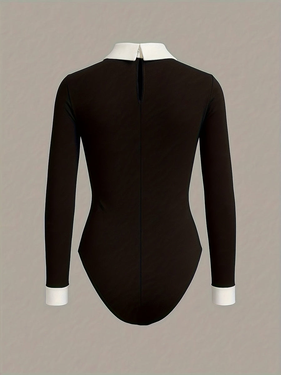 Långärmad bodysuit med kontrastkrage och manschetter för dam