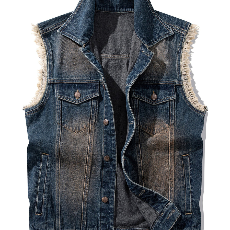 Jeansväst unisex med slitna kanter, fickor och knappar, blå denim