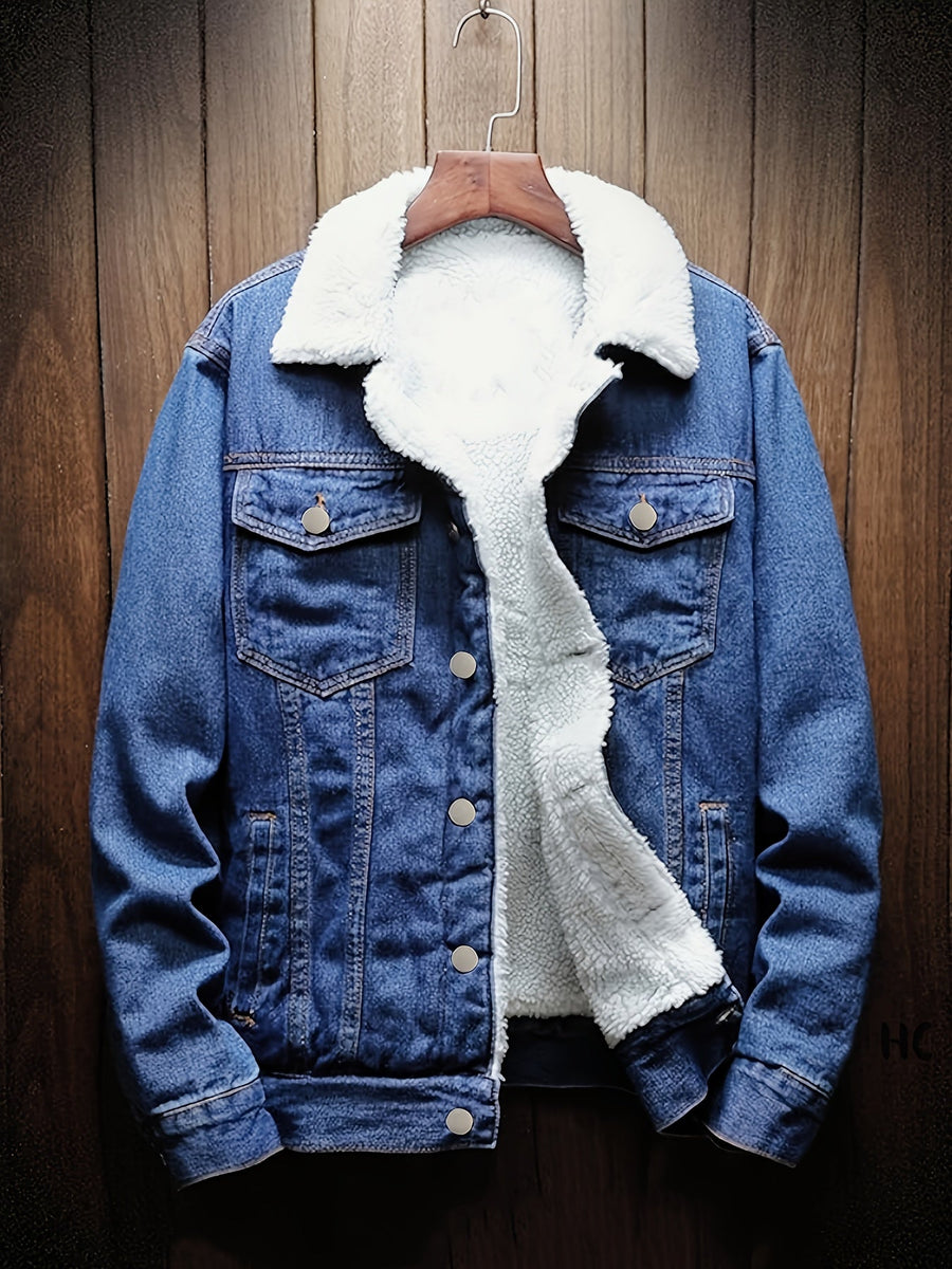 Jeansjacka med foder i teddytyg, ljusblå denim vinterjacka för män