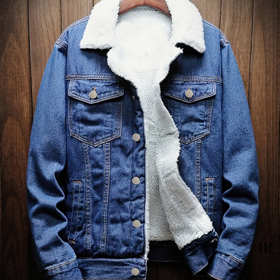 Jeansjacka med foder i teddytyg, ljusblå denim vinterjacka för män