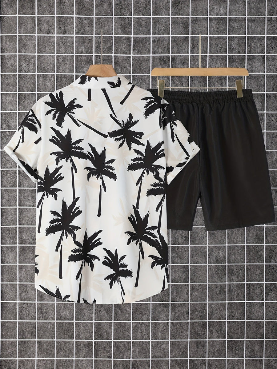 Herr Skjorta med Palmtryck och Shorts – Semesterset för Strand och Sommar