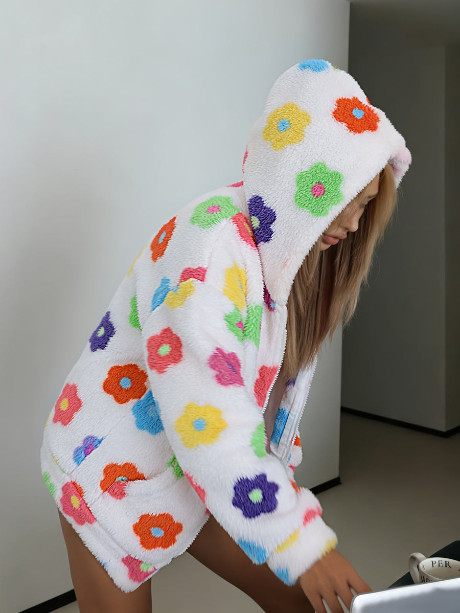 Färgglad Blommig Teddyjacka med Huva och Dragkedja för Dam
