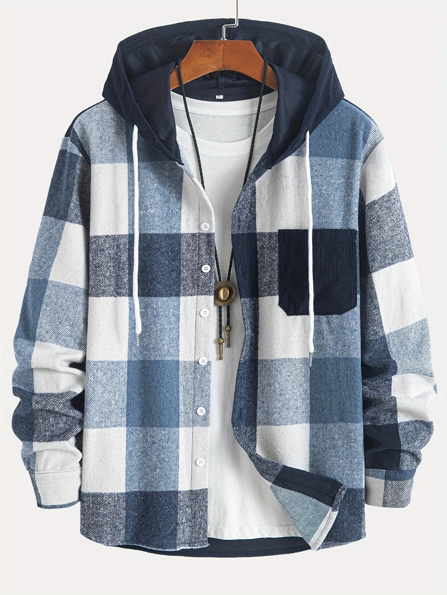 Rutig Overshirt med Huva för Herr, Brun Corduroy Huva och Bröstficka, Knappstängning