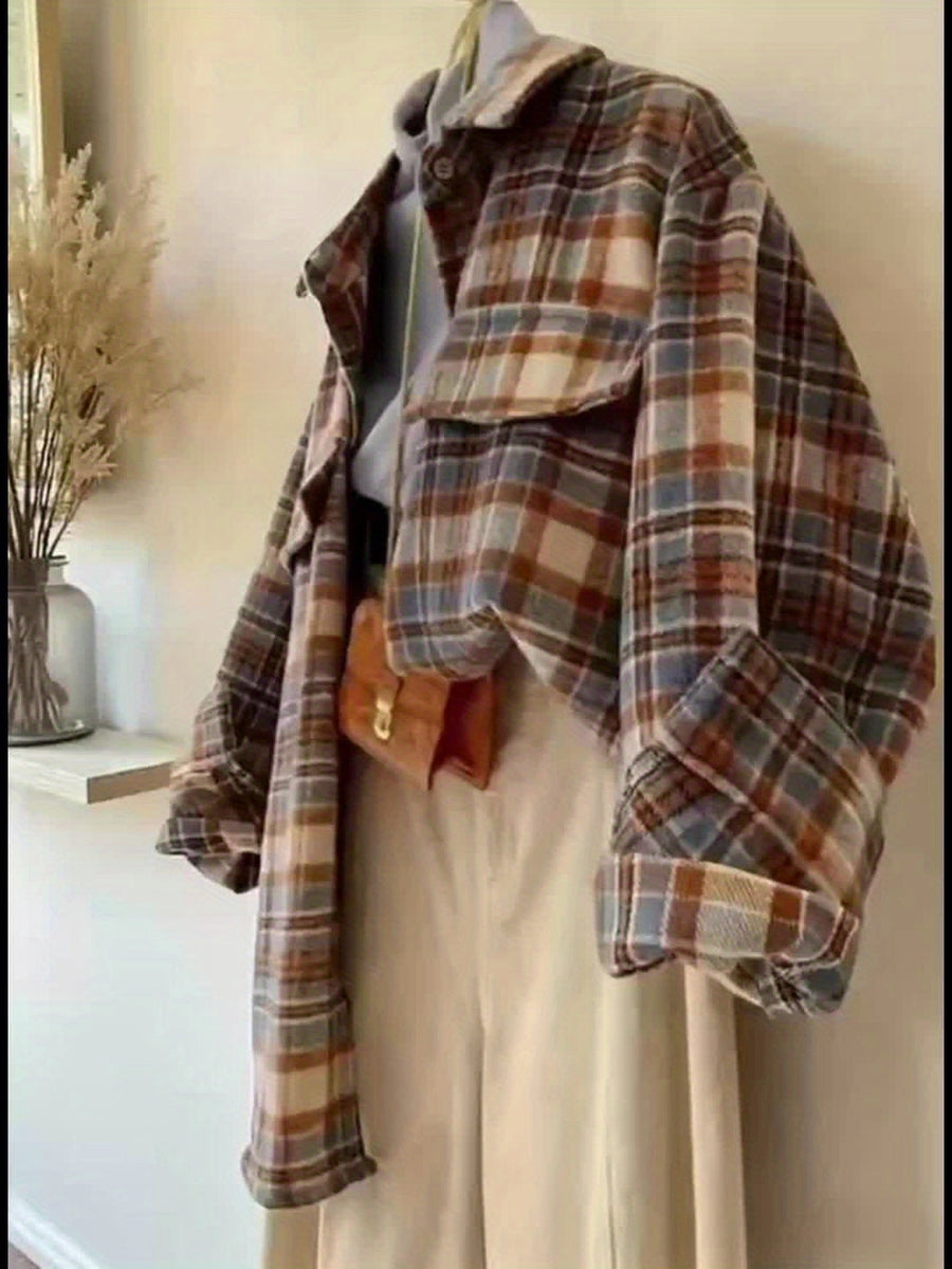 Rutig Overshirt i Mjukt Material med Bröstfickor, Flerfärgad