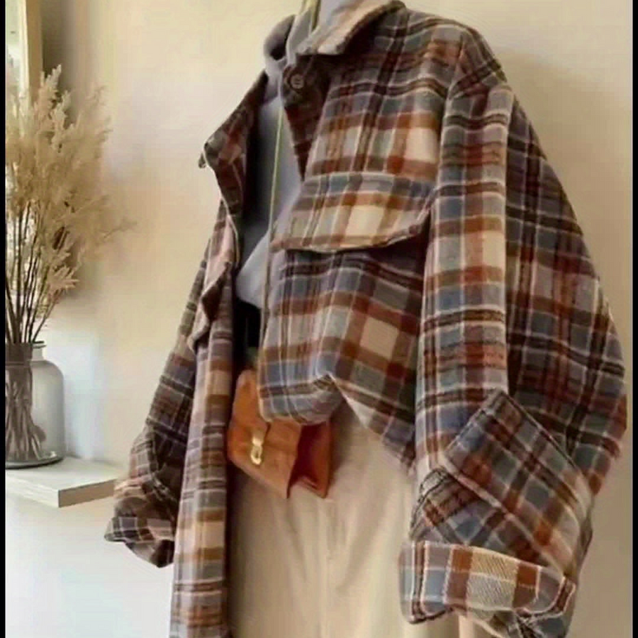 Rutig Overshirt i Mjukt Material med Bröstfickor, Flerfärgad