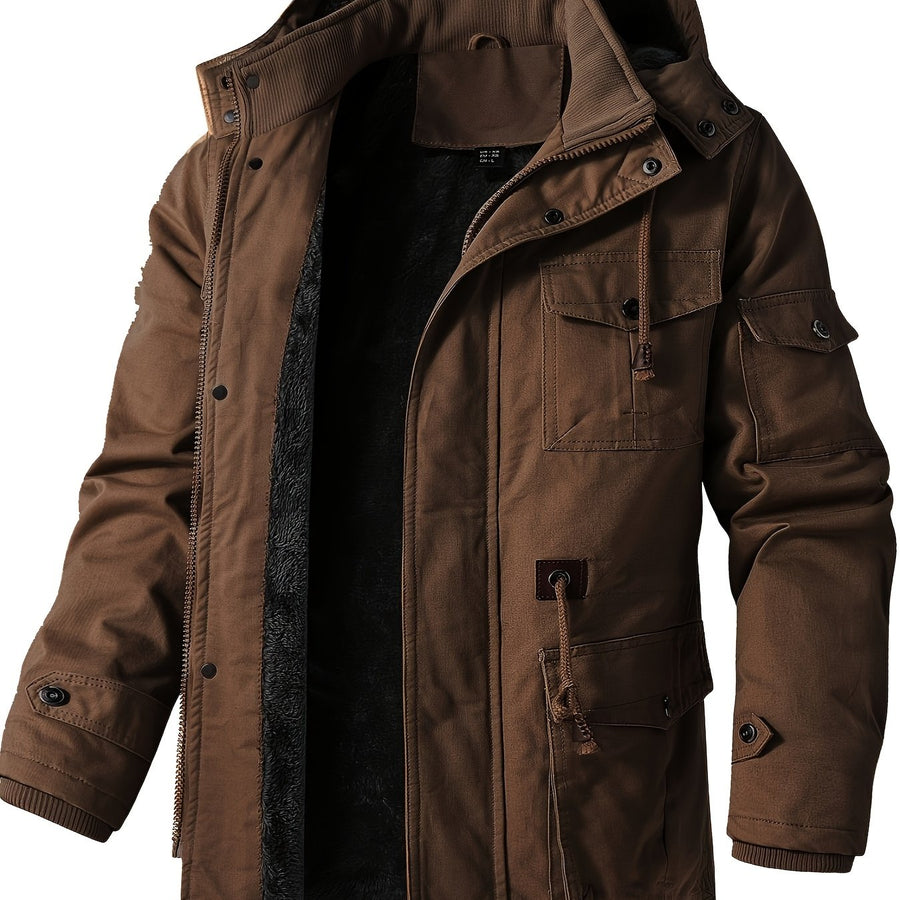 Herr Parkas Jacka med Huva, Fuskpälsfoder och Fickor, Vinterjacka