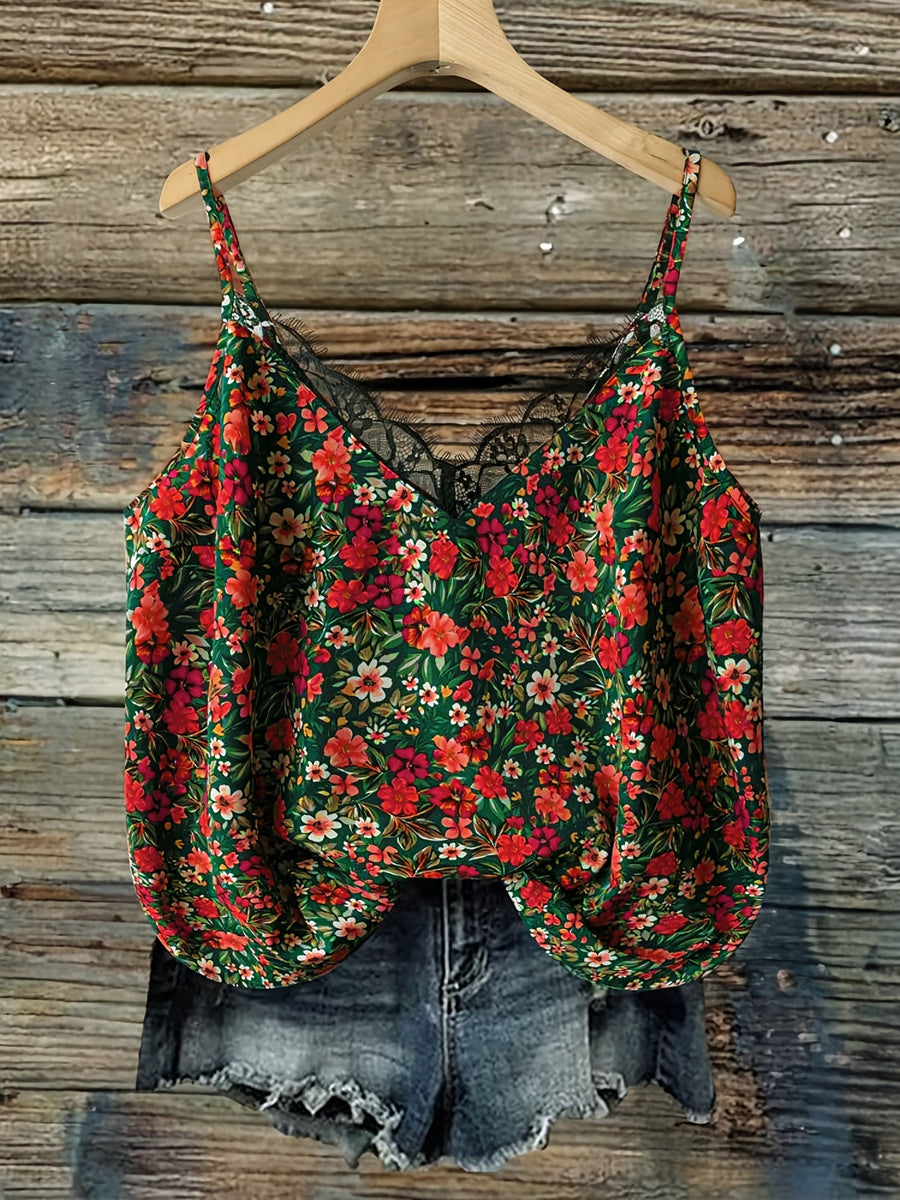 Damlinne med blommigt mönster och spetsdetalj – Somrig topp för casual stil