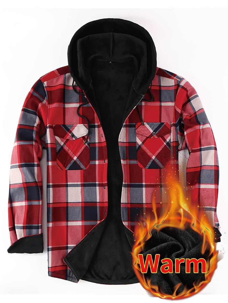 Men���s Plaid Hooded Thermal Flannel Shirt Jacket