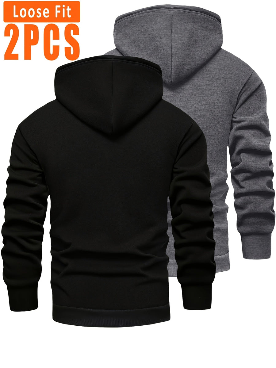 Unisex Hoodies med Fleecefoder, 2-pack, Loose Fit, Svart och Mörkgrå