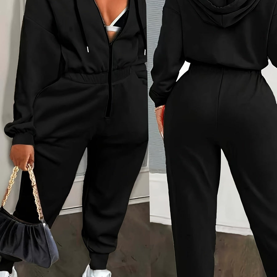 Dam jumpsuit med huva, lång dragkedja och resår i midjan - Beige