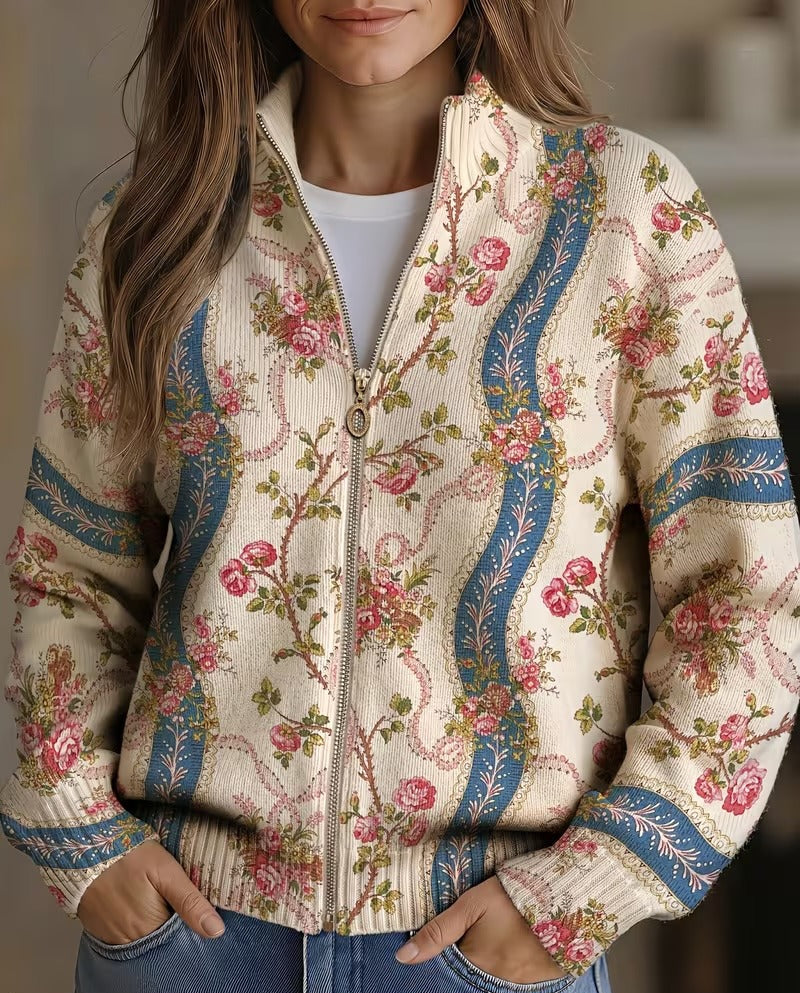 Kvinnors Blommig Tröja med Dragkedja och Ståkrage, Beige/Rosa/Blå Mönster