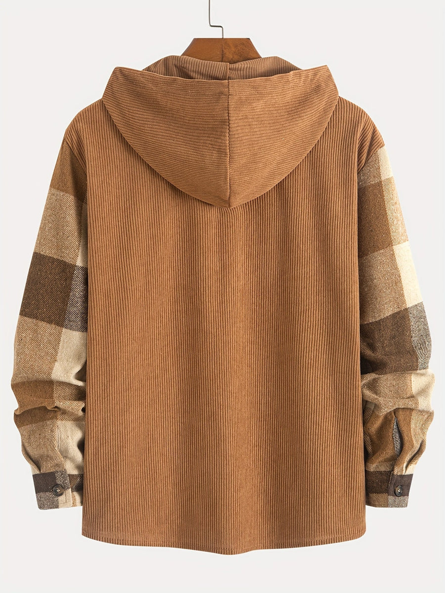 Rutig Overshirt med Huva för Herr, Brun Corduroy Huva och Bröstficka, Knappstängning