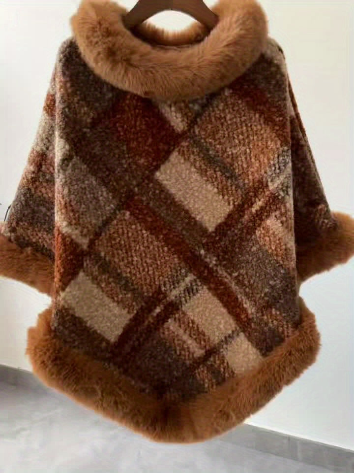 Poncho för dam i rutigt mönster med fuskpälsdetaljer, brun