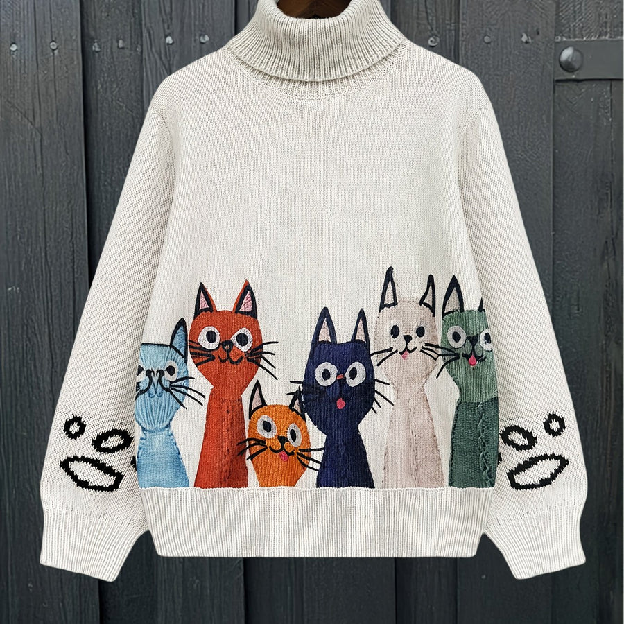 Polotröja med kattmotiv, benvit stickad tröja med rullkrage och färgglada katter