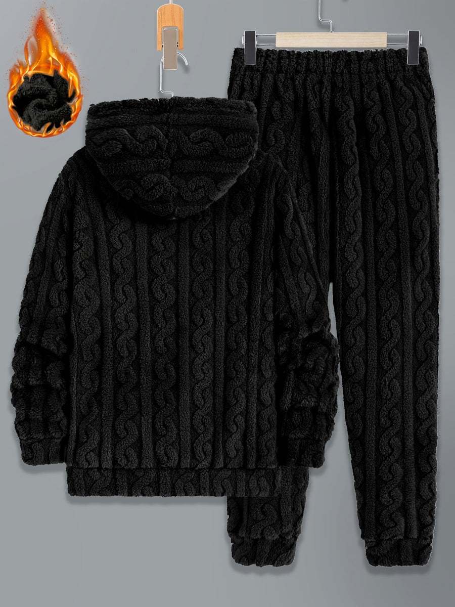Herr Fluffig Hoodie och Byxor Set med Kabelstickat Mönster, Varm Mjuk Pyjamasdräkt
