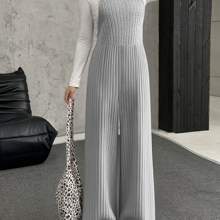 Grå Ribbad Jumpsuit med Vida Ben och Hängslen för Dam