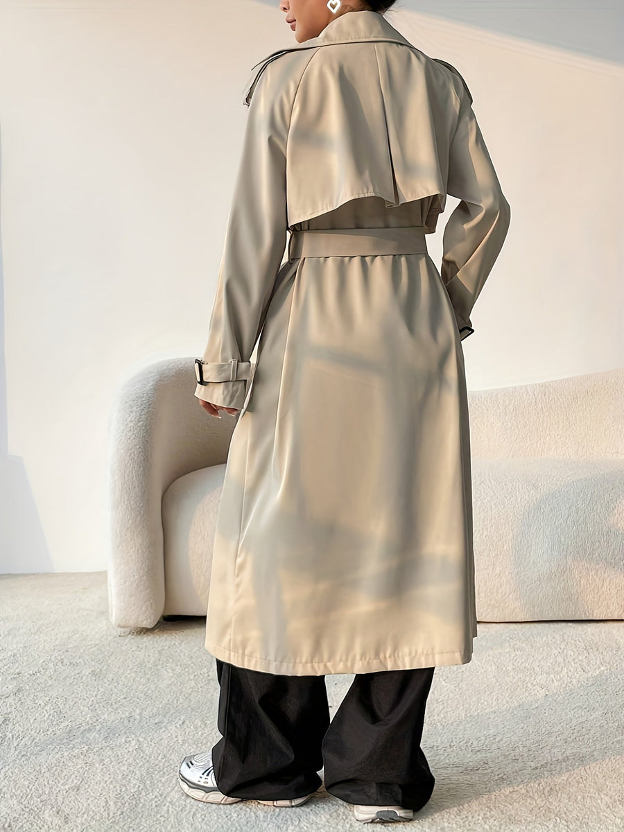 Dam Trenchcoat Lång Beige Dubbelknäppt med Skärpdetalj