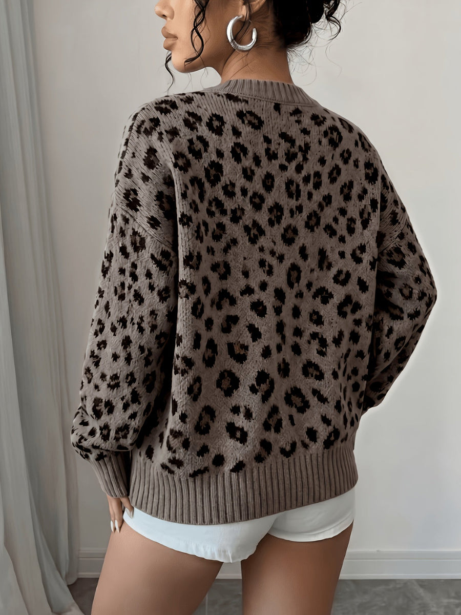 Damtröja leopardmönster rundhalsad långärmad stickad tröja