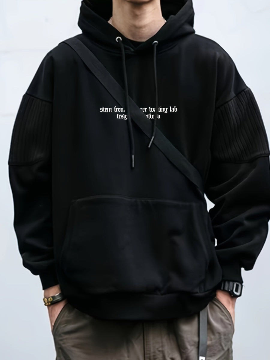 Herrhoodie med ficka och texttryck, stickade detaljer på ärmarna, khaki/svart