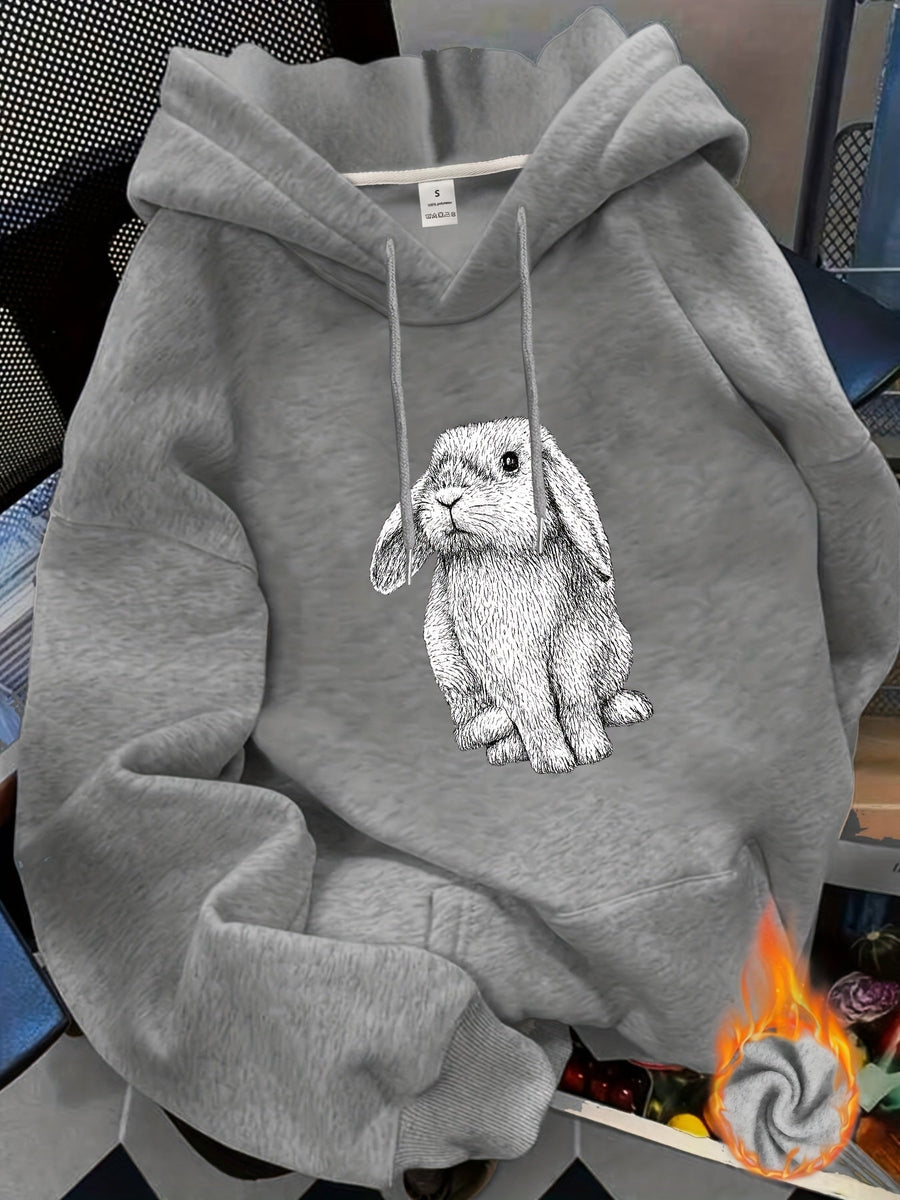 Unisex Hoodie med Kanintryck och Dragsko, Fickor, Mjukt Material