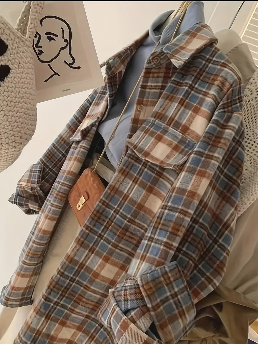 Rutig Overshirt i Mjukt Material med Bröstfickor, Flerfärgad