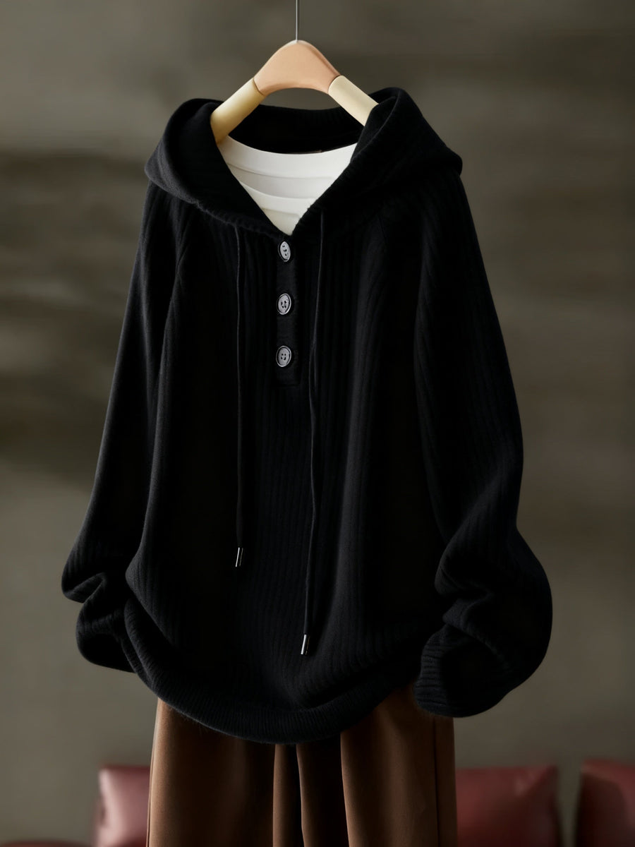 Ribbstickad damhoodie med knappar och huva, Långärmad stickad tröja