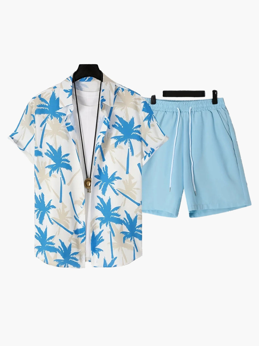 Herr Skjorta med Palmtryck och Shorts – Semesterset för Strand och Sommar