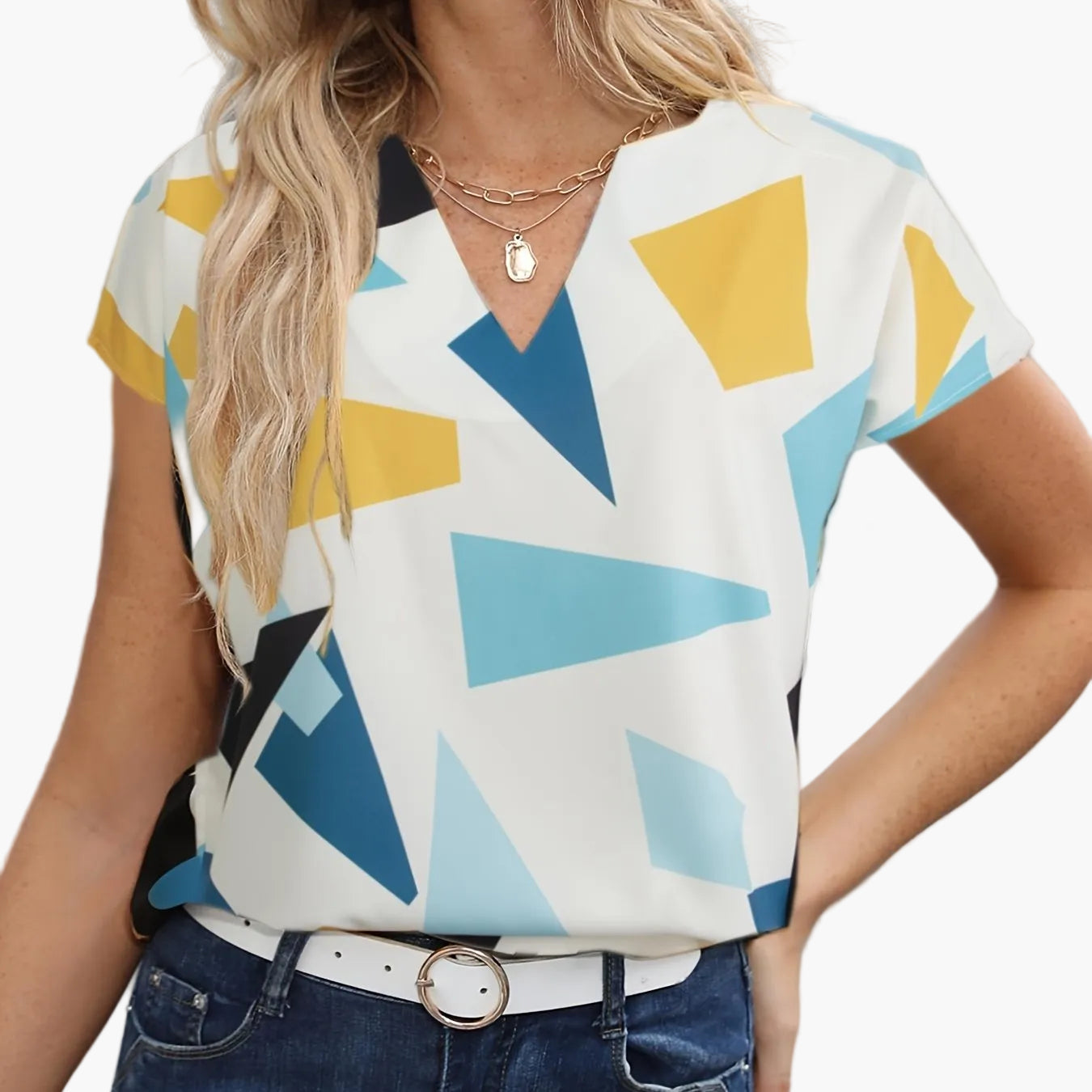 Dam Blus Geometriskt Mönster V-ringad Elegant Sommarblus Kontorsstil