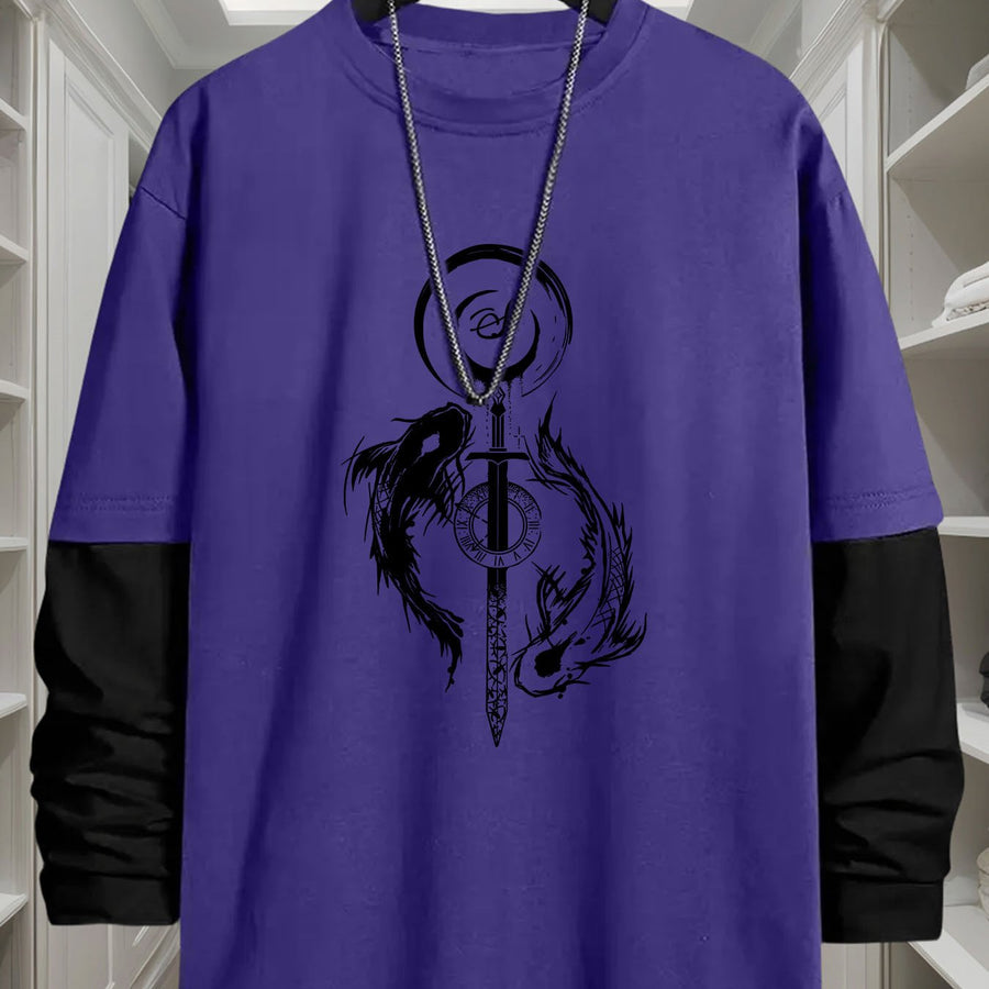 Långärmad t-shirt med lager-på-lager-look och svärd- & drakmotiv