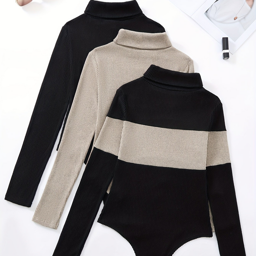 Ribbad turtleneck bodysuit långärmad dam