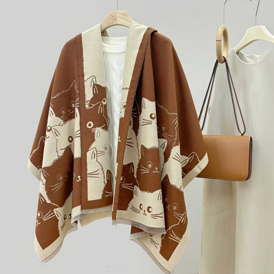 Poncho med kattmotiv och fransar, brun