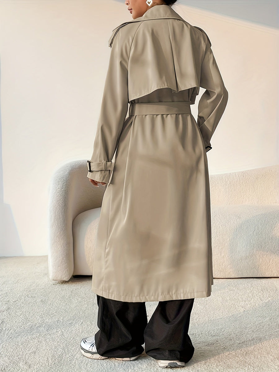 Dam Trenchcoat Lång Beige Dubbelknäppt med Skärpdetalj