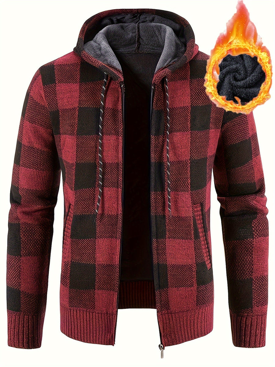 Rutig hoodie med dragkedja och mjukt foder