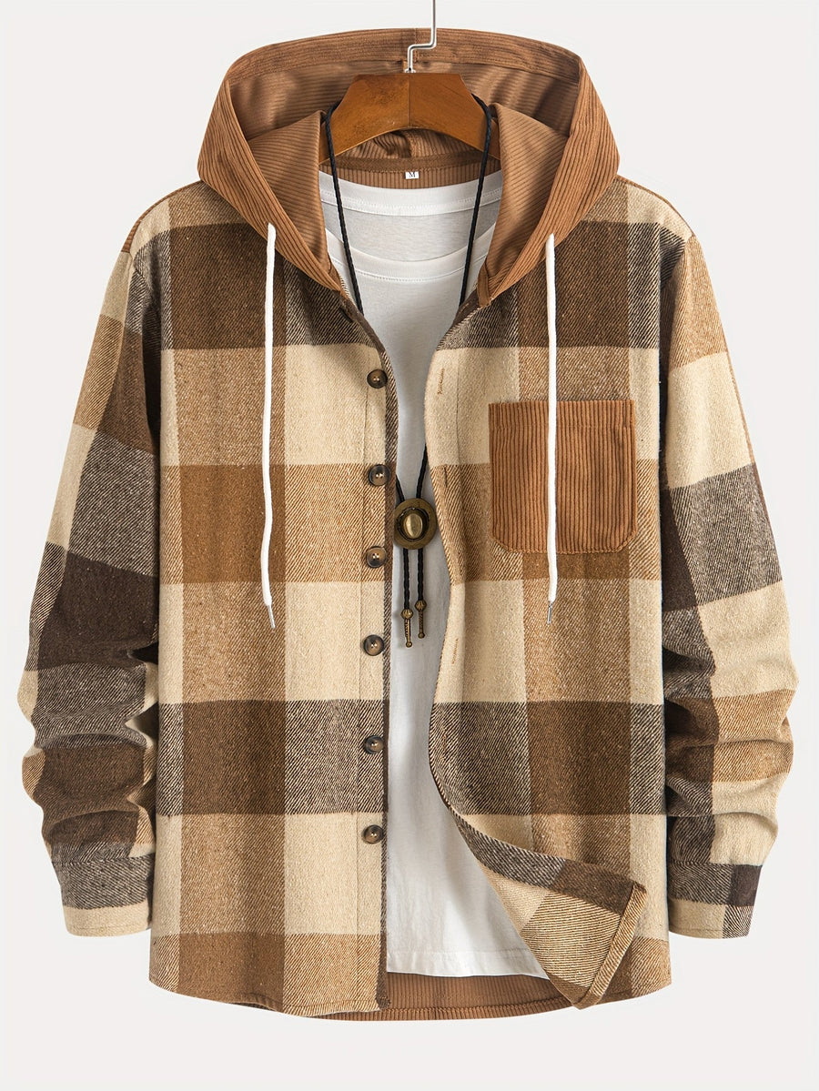 Rutig Overshirt med Huva för Herr, Brun Corduroy Huva och Bröstficka, Knappstängning