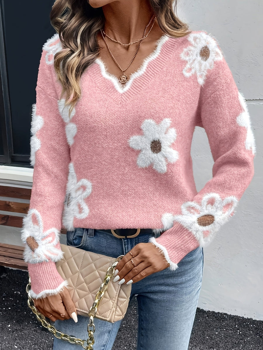 Damtröja med V-ringning, långa ärmar och fluffiga blomdetaljer