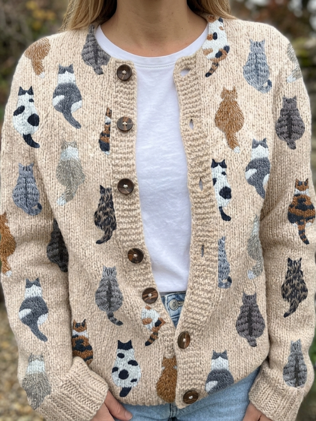 Cardigan med kattmönster och knappar, stickad beige