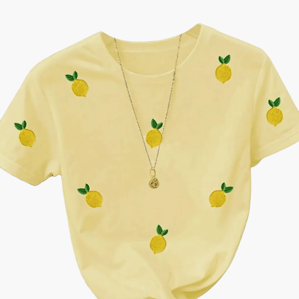 Dam T-shirt med citronbrodyr – Trendig casual stil för vardagsbruk