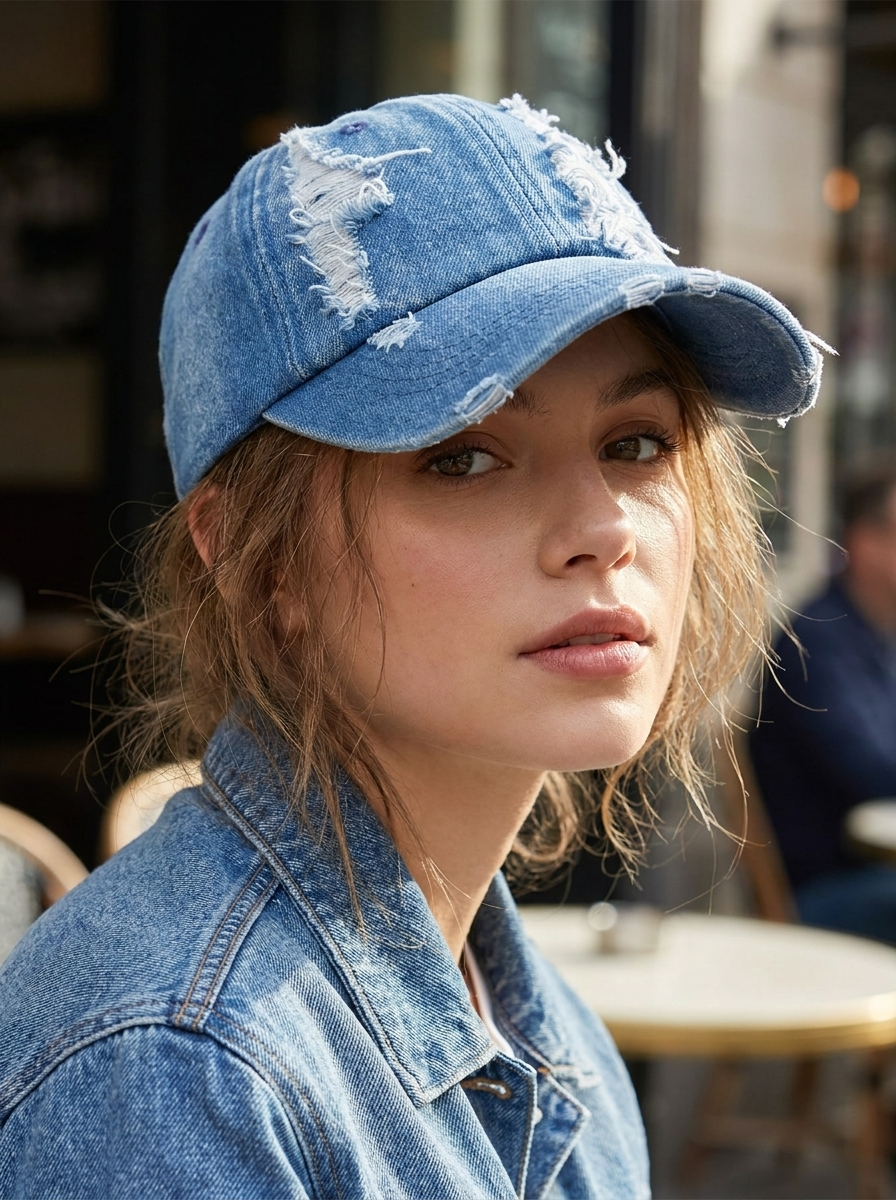 Slitna Denimkeps med Justerbar Rem, Ljusblå