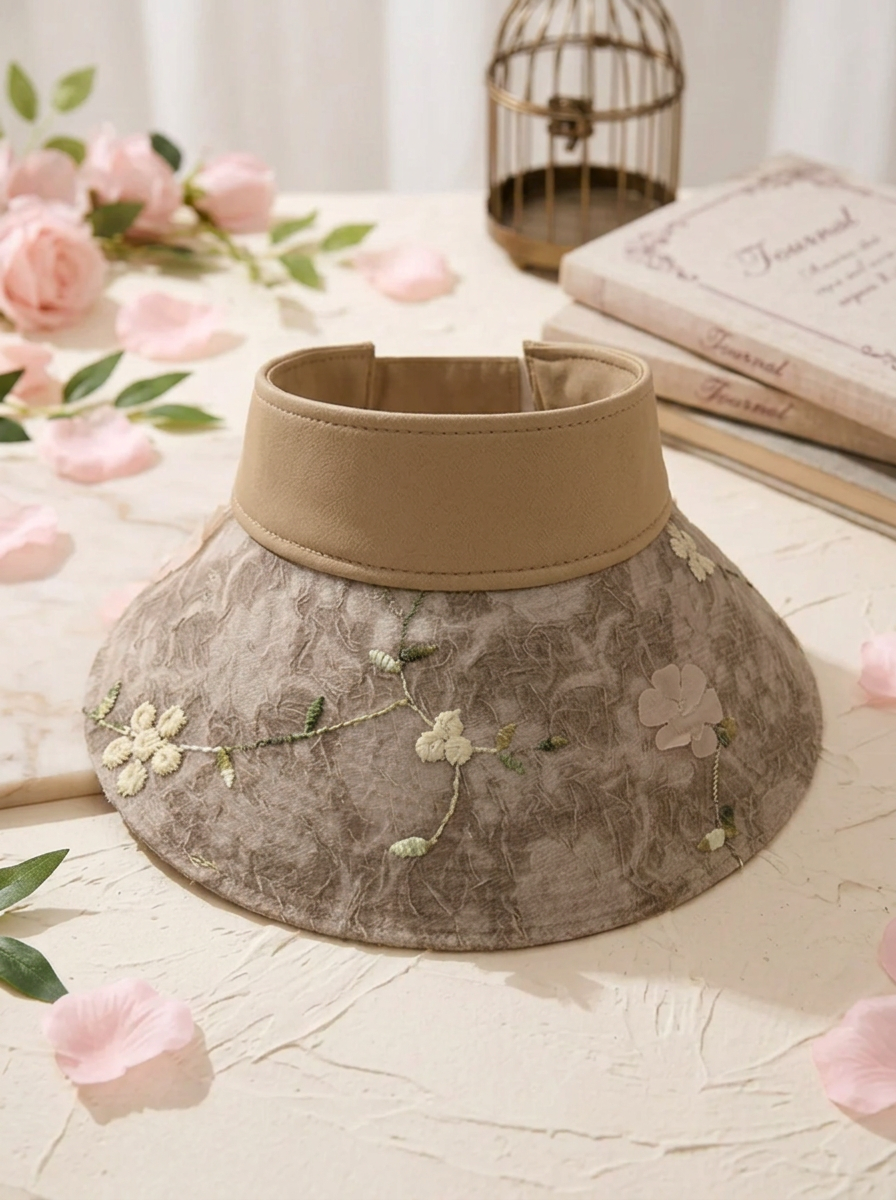 Solskärm för dam med broderade blommor och blad, justerbar