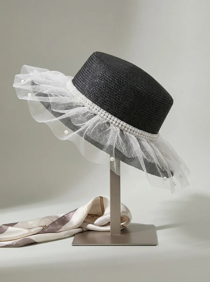 Elegant Damhatt med Pärlband och Tyllkant, Svart eller Vit