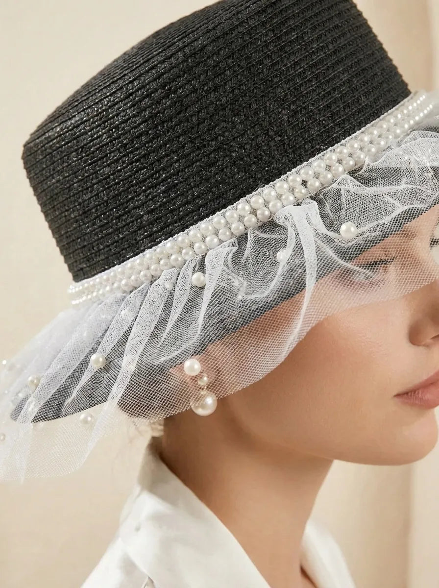 Elegant Damhatt med Pärlband och Tyllkant, Svart eller Vit