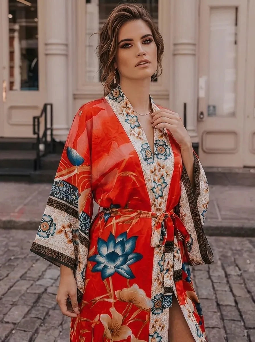 Kimono med blommigt mönster och knytband