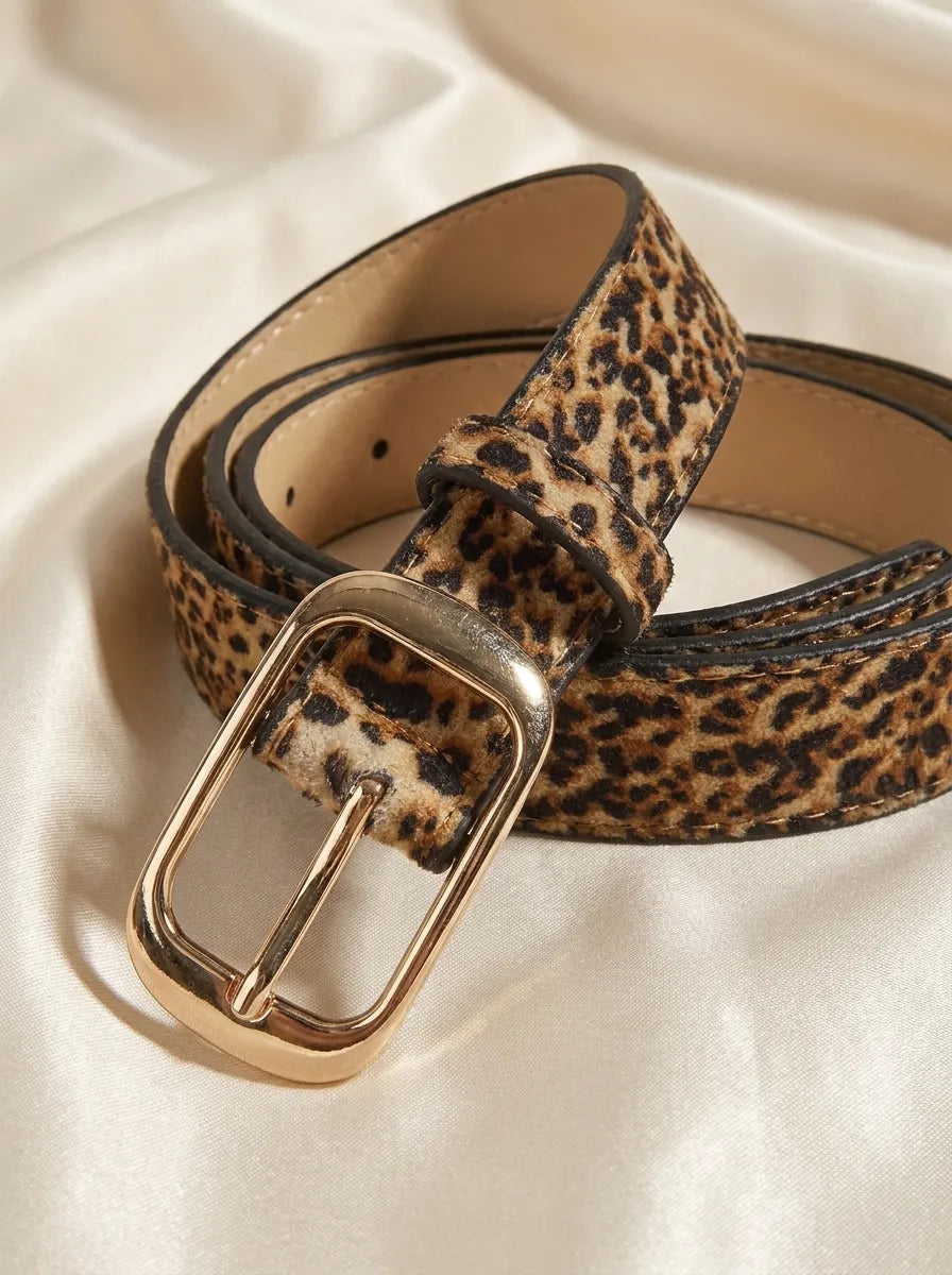 Leopardmönstrat Bälte med Guldfärgat Spänne
