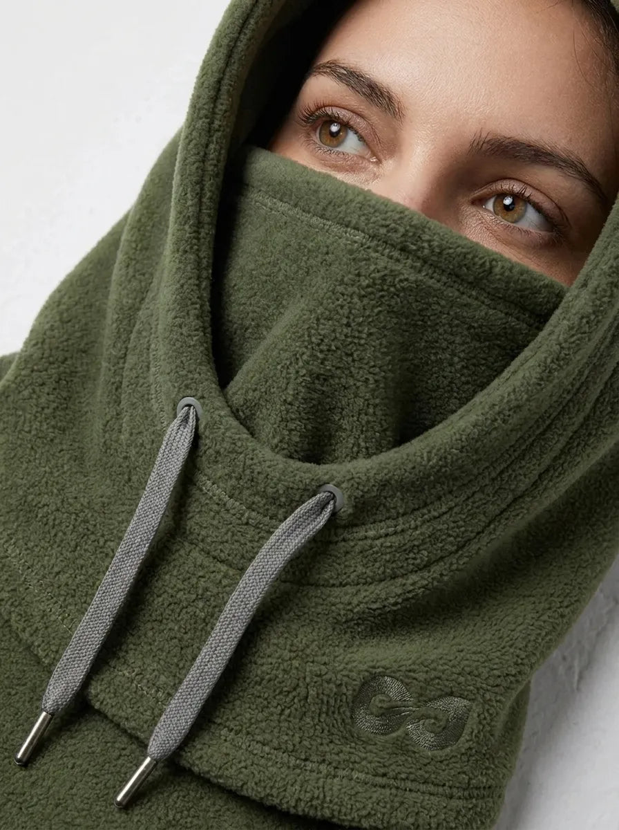 Fleecehuva Balaclava med Dragsko för Kyla – Olivgrön
